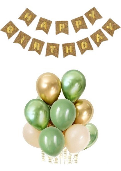 Parti Furyası Kraft Karton Üzeri Gold Altın Happy Birthday Yazılı Doğum Günü Partisi Yazı Banner Süs ve 10 Adet (Beyaz ve Küf Yeşili)Balon, 5 Adet (Gold ve Yeşil) k