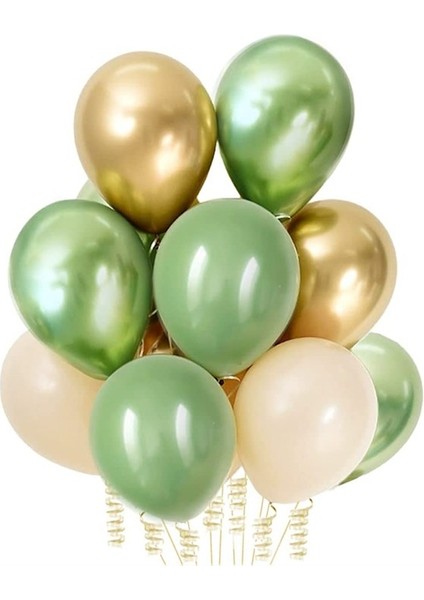 Parti Furyası Kraft Karton Üzeri Gold Altın Happy Birthday Yazılı Doğum Günü Partisi Yazı Banner Süs ve 10 Adet (Beyaz ve Küf Yeşili)Balon, 5 Adet (Gold ve Yeşil) k