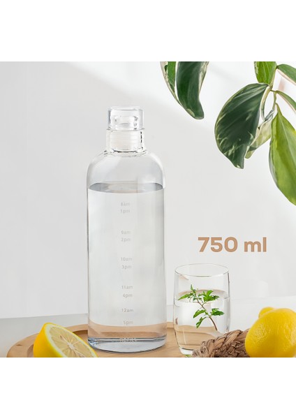 2407 Cam Su Şişesi - Su Içme Saatli Matara Suluk - Şeffaf 750 ml