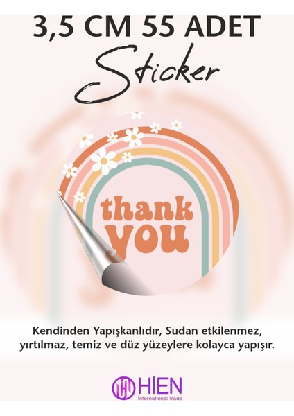 Papatya Desenli Gökkuşağı Temalı Thank You Sticker 3,5 cm 55 Adet Sticker indirimleri