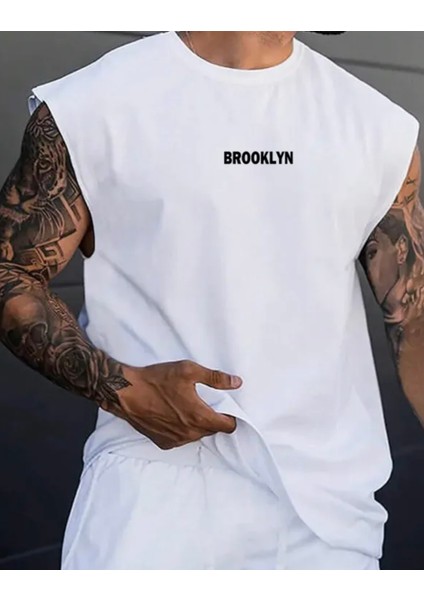 Büyük Beden Özel Tasarım Brooklyn Baskılı Pamuk Kolsuz Battal Erkek T-Shırt