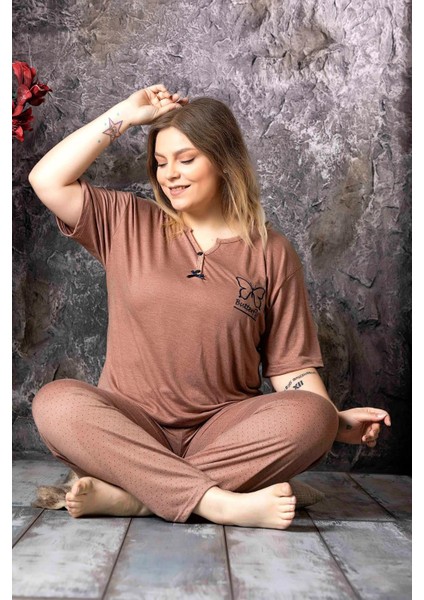Kadın Bambu Büyük Beden Düğme Yaka Ince Kısa Kol Pijama Takımı P300/146 - 1 Adet