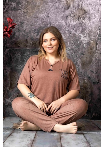 Kadın Bambu Büyük Beden Düğme Yaka Ince Kısa Kol Pijama Takımı P300/146 - 1 Adet fiyatları