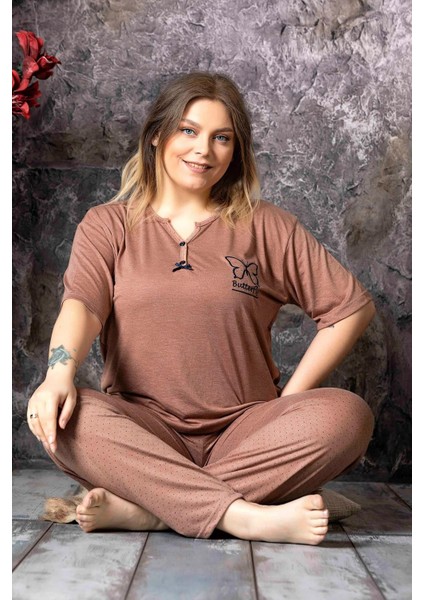 Kadın Bambu Büyük Beden Düğme Yaka Ince Kısa Kol Pijama Takımı P300/146 - 1 Adet modelleri