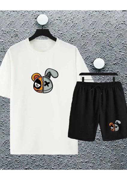Büyük Beden Özel Tasarım x Minimal Ayıcık Baskılı Pamuk Oversize Battal Erkek T-Shırt Şort Takımı