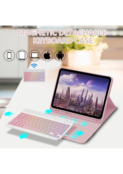 Apple iPad 10. Nesil 10.9 (2022) Rgb LED Işıklı Türkçe Karakterli Bluetooth Özellikli Kalemlikli Klavyeli Kılıf A2696 A2757 A2777 A3162