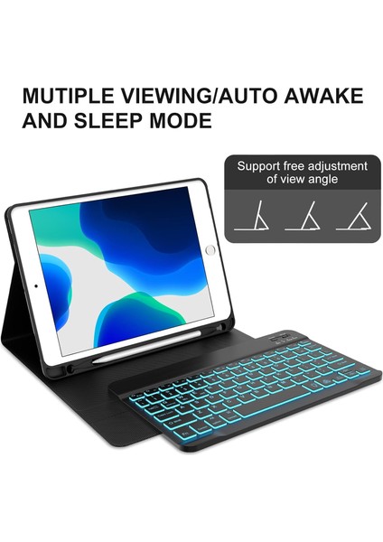 Apple iPad 8. Nesil 10.2 Inc (2020) Rgb LED Işıklı Türkçe Karakterli Bluetooth Özellikli Kalemlikli Klavyeli Kılıf A2270 A2428 A2429 A2430