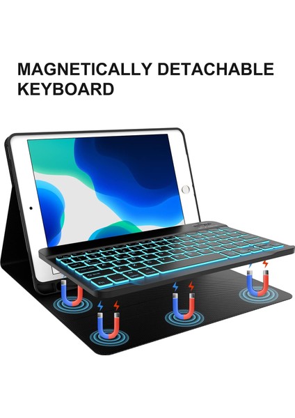 Apple iPad 8. Nesil 10.2 Inc (2020) Rgb LED Işıklı Türkçe Karakterli Bluetooth Özellikli Kalemlikli Klavyeli Kılıf A2270 A2428 A2429 A2430