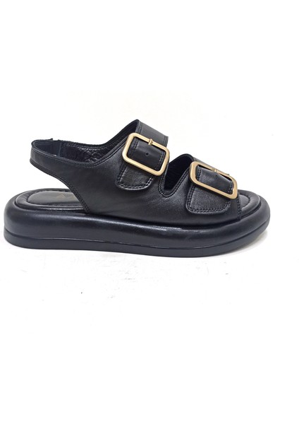 Siyah Deri Kadın Çift Toka Sandalet Ayakkabı