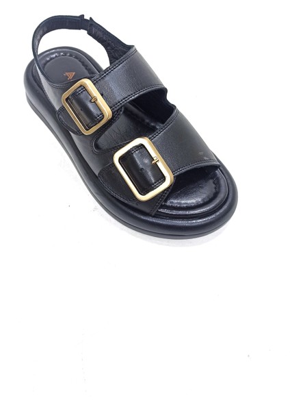 Siyah Deri Kadın Çift Toka Sandalet Ayakkabı fiyatları