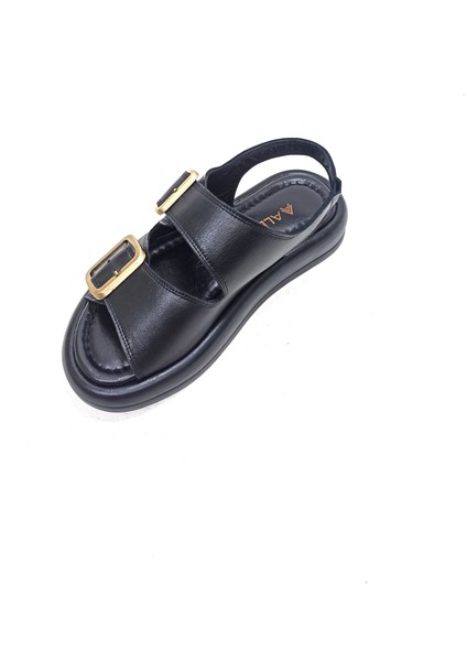 Siyah Deri Kadın Çift Toka Sandalet Ayakkabı modelleri