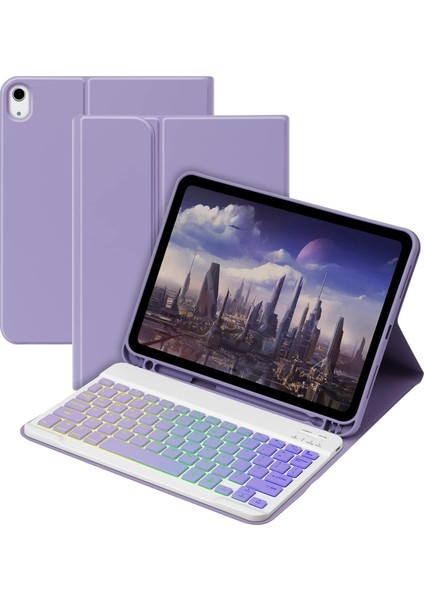 Apple iPad 10. Nesil 10.9 (2022) Rgb LED Işıklı Türkçe Karakterli Bluetooth Özellikli Kalemlikli Klavyeli Kılıf A2696 A2757 A2777 A3162