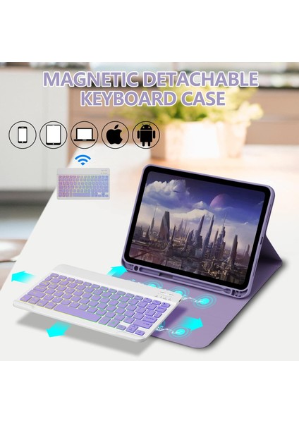 Apple iPad 10. Nesil 10.9 (2022) Rgb LED Işıklı Türkçe Karakterli Bluetooth Özellikli Kalemlikli Klavyeli Kılıf A2696 A2757 A2777 A3162 modelleri