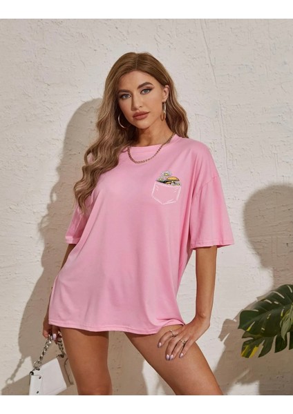 Büyük Beden Özel Tasarım Cep Içi Papatyalar Baskılı Pamuk Oversize Battal Kadın T-Shırt