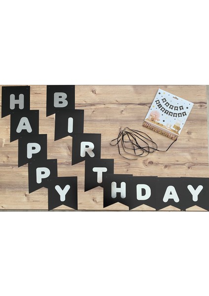 Siyah Renkli Gümüş Yaldızlı Happy Birthday Banner
