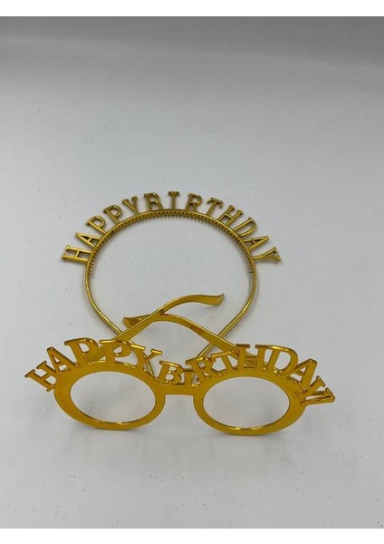 Plastik Happy Bırthday Taç Gözlük Gold 2 Li Set