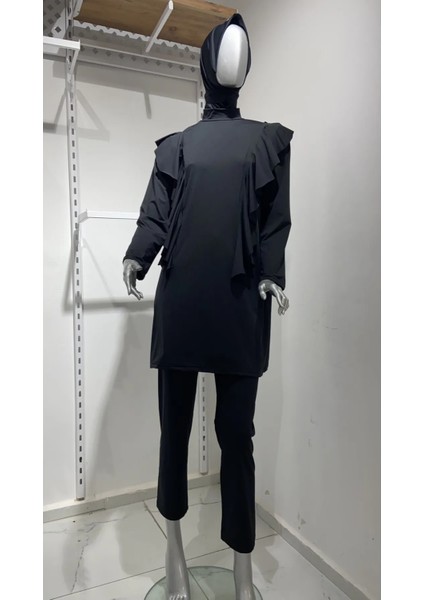 Valon Detaylı 3 Parça Tam Kapalı Tesettür Mayo Büyük Beden