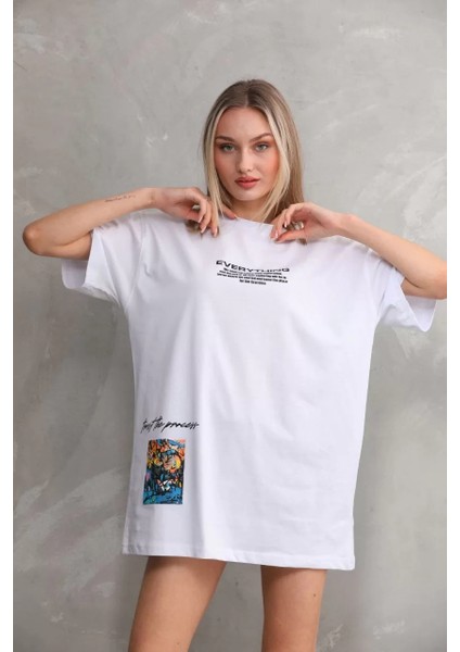 Unisex Bisiklet Yaka Baskılı Oversize T-Shirt - Beyaz