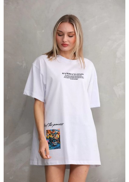 Unisex Bisiklet Yaka Baskılı Oversize T-Shirt - Beyaz