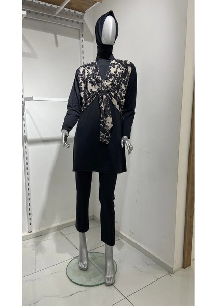 Önden Bağlamalı 3 Parça Tam Kapalı Tesettür Mayo Büyük Beden