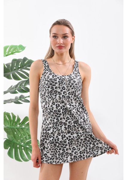 Toparlayıcı Etekli Şortlu Mayo Leopar Desenli Dijital Baskılı