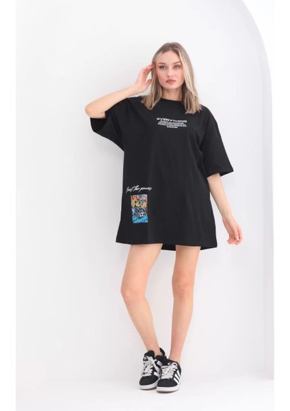 Unisex Bisiklet Yaka Baskılı Oversize T-Shirt - Siyah