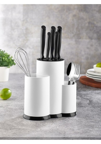 3 Bölmeli Kaşıklık - Şef Bıçaklık Standı Beyaz