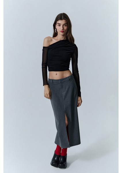 Düşük Omuz Detaylı Tül Bluz Siyah modelleri