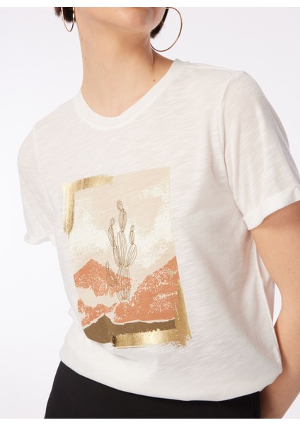 Bisiklet Yaka Baskılı Kırık Beyaz Kadın T-Shirt F4SL-TST0644 fırsatları