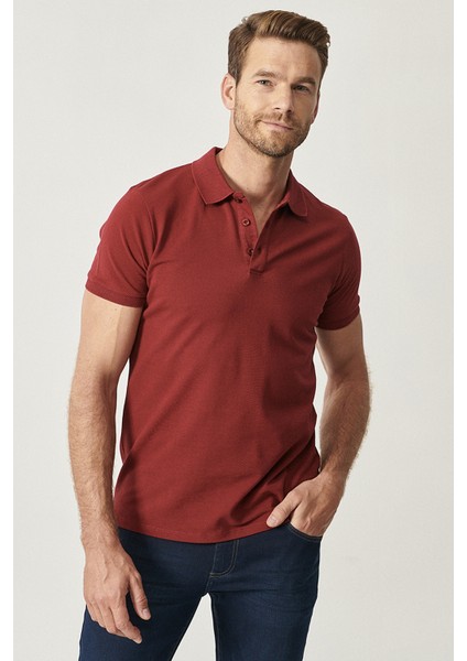 ALTINYILDIZ CLASSICS Erkek Bordo %100 Pamuk Kıvrılmaz Polo Yaka Slim Fit Dar Kesim Tişört