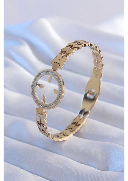 316L Çelik Gold Renk Arpa Model Zirkon Taş Detay Çeyrek Takılabilen Kadın Kelepçe