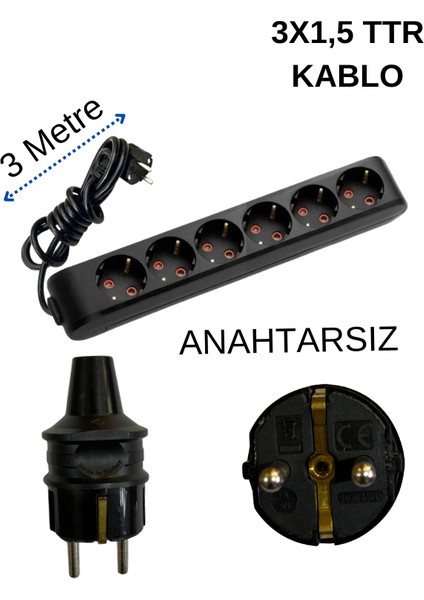 (6/'lı) Altılı Priz Topraklı Kablolu Siyah (3x1,5 Ttr) 3 (Üç) Metre