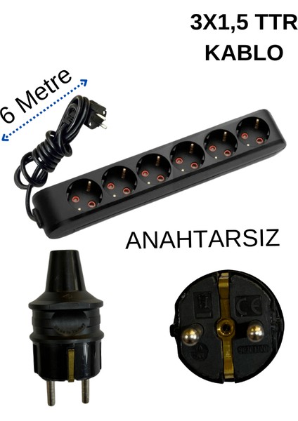 (6/'lı) Altılı Priz Topraklı Kablolu Siyah (3x1,5 Ttr) 6 (Altı) Metre