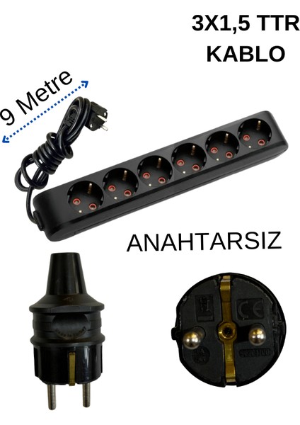 (6/'lı) Altılı Priz Topraklı Kablolu Siyah (3x1,5 Ttr) 9 (Dokuz) Metre