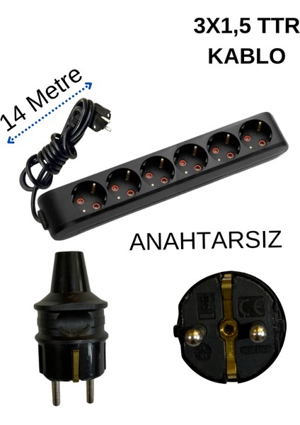 (6/'lı) Altılı Priz Topraklı Kablolu Siyah (3x1,5 Ttr) 14 (On Dört) Metre