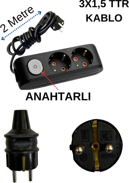 (2/'li) Ikili Priz Topraklı Anahtarlı Kablolu Siyah (3x1,5 Ttr) 2 (Iki) Metre