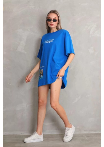 Unisex Bisiklet Yaka Baskılı Oversize T-Shirt - Mavi