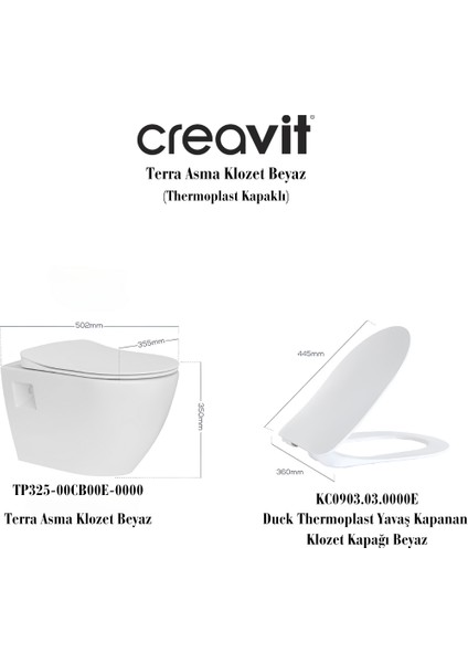 TP325 Terra Kanallı Asma Klozet, Creavit Duck Yavaş Kapanır Kapak