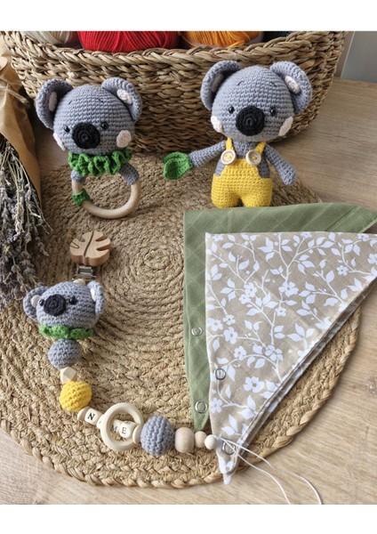 Bebek Yenidoğan Isimli Emzik Zinciri Askısı Hediye Seti Bebekli Amigurumi Koala Sarı