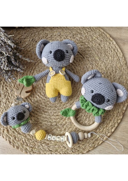 Bebek Yenidoğan Isimli Emzik Zinciri Askısı Hediye Seti Bebekli Amigurumi Koala Sarı