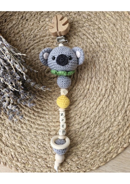 Bebek Yenidoğan Isimli Emzik Zinciri Askısı Hediye Seti Bebekli Amigurumi Koala Sarı