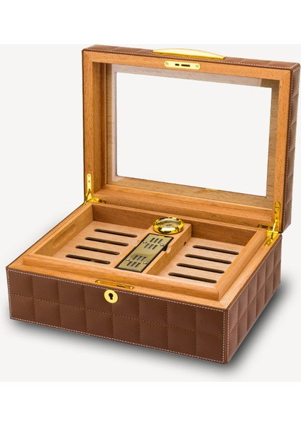 Deri Camlı Humidor Puro Kutusu Kahve 50S