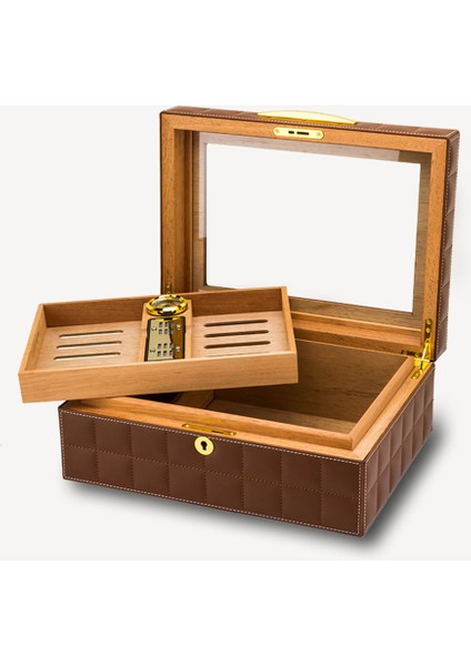 Deri Camlı Humidor Puro Kutusu Kahve 50S