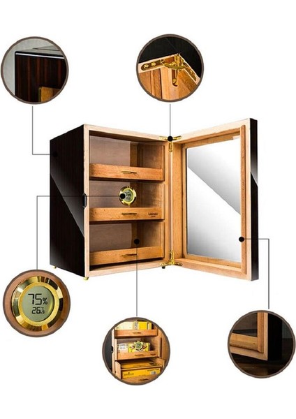 Camlı 3 Çekmeceli Humidor Puro Kutusu Maun 100s