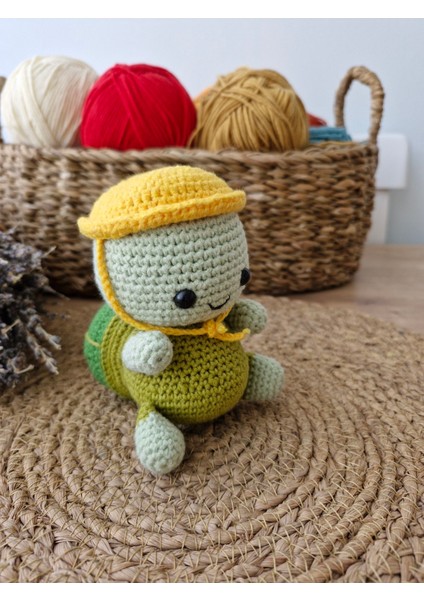 Amigurumi Örgü Organik Oyuncak Bebek Uyku Arkadaşı Vikvikli Sevimli Kablumbağa Sarı