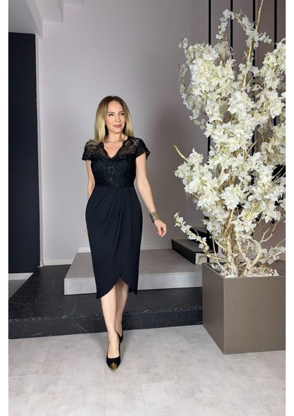 G0963 Dantel Detaylı Abiye Elbise Siyah modelleri