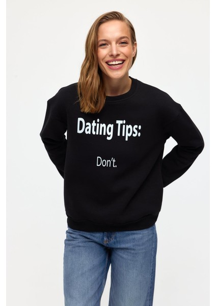 Baskılı Düz Renk Sweatshirt -Siyah