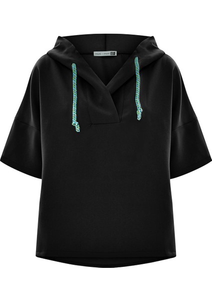 Kısa Kollu Kapüşonlu Düz Renk Kordon Detaylı Cepli Dokuma Sweatshirt-Siyah