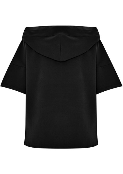 Kısa Kollu Kapüşonlu Düz Renk Kordon Detaylı Cepli Dokuma Sweatshirt-Siyah