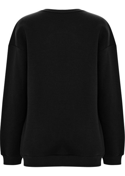 Baskılı Düz Renk Sweatshirt -Siyah